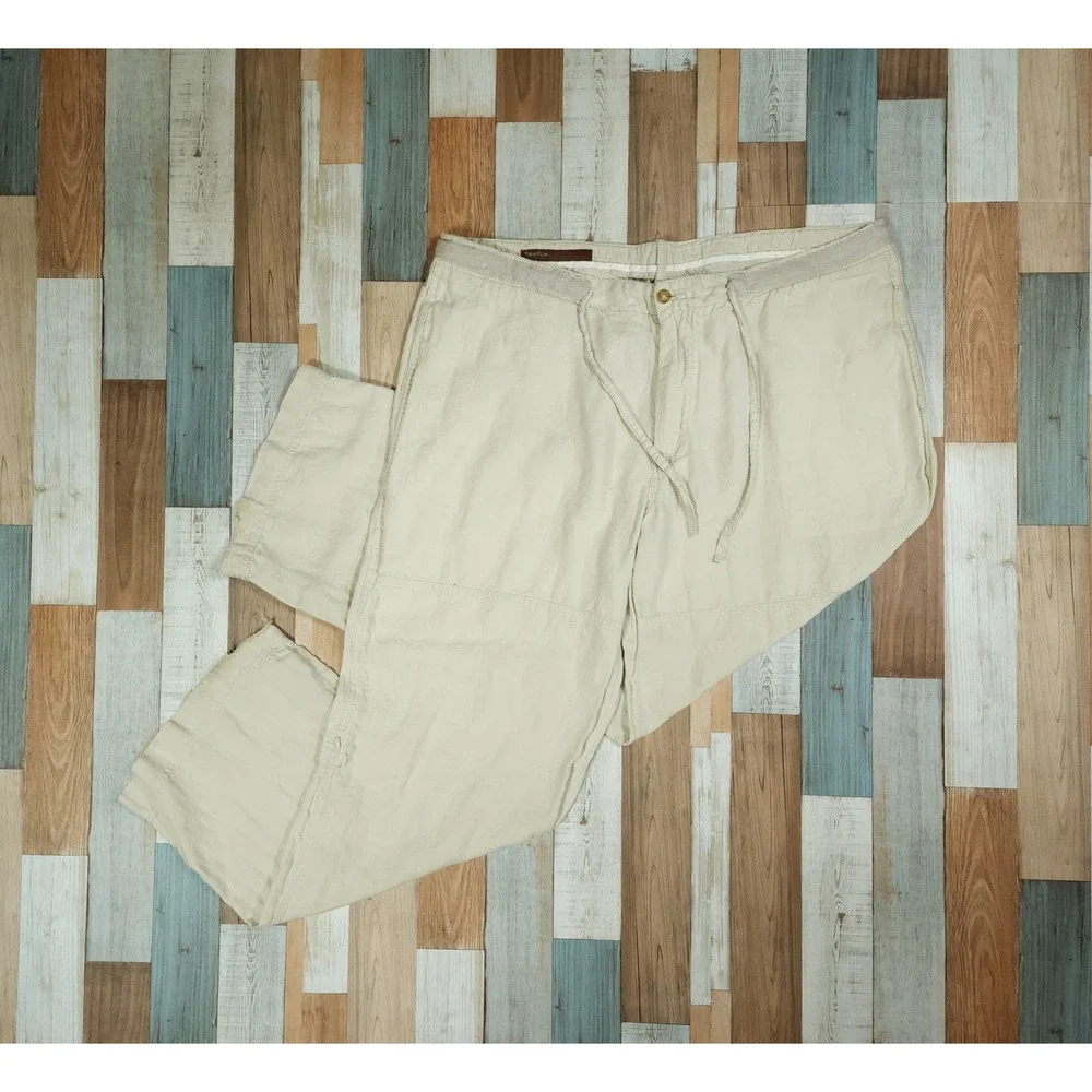 Perry Ellis Mens 100% Linen Drawstring Pants Beige 38x32 Beach Casual